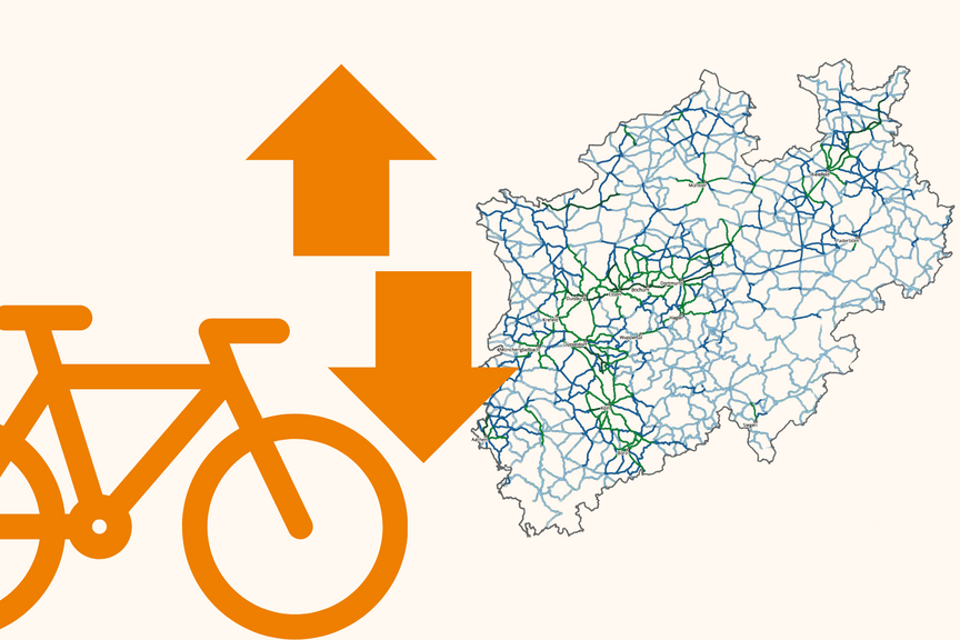 Illustration Radvorrangnetz NRW Schematische Kartendarstellung des landesweiten Radvorrangnetzes mit einem Fahrrad-Icon, einem nach oben und einem nach unten weisenden Pfeil
