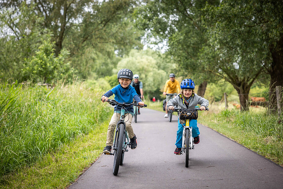 Mit der Familie auf Radtour Zwei Kinder, zwei Erwachsene auf dem Fahrrad auf einem Radweg in der Natur